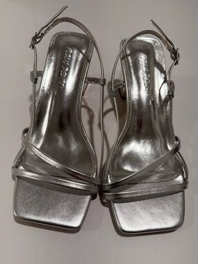 Silver Square Toe Heeled Sandals- NWOT